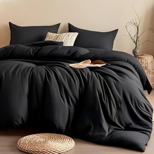 3PCS Black Size Comforter Set with 2 Pillowcases, Brushed Full Solid Black