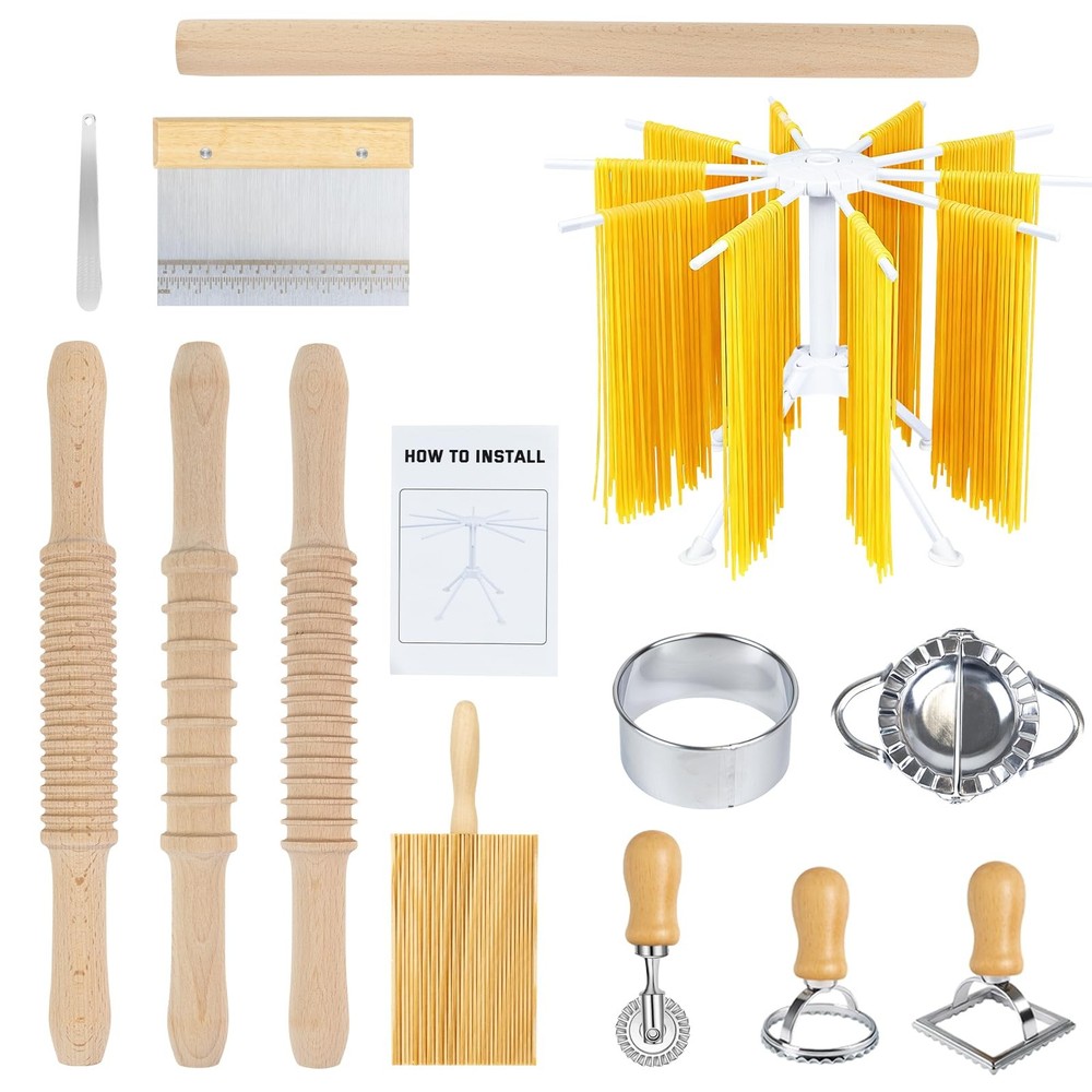 Pasta Making Kit 13Pcs Wooden 3 Size Threaded Rolling Pins Drying Rack