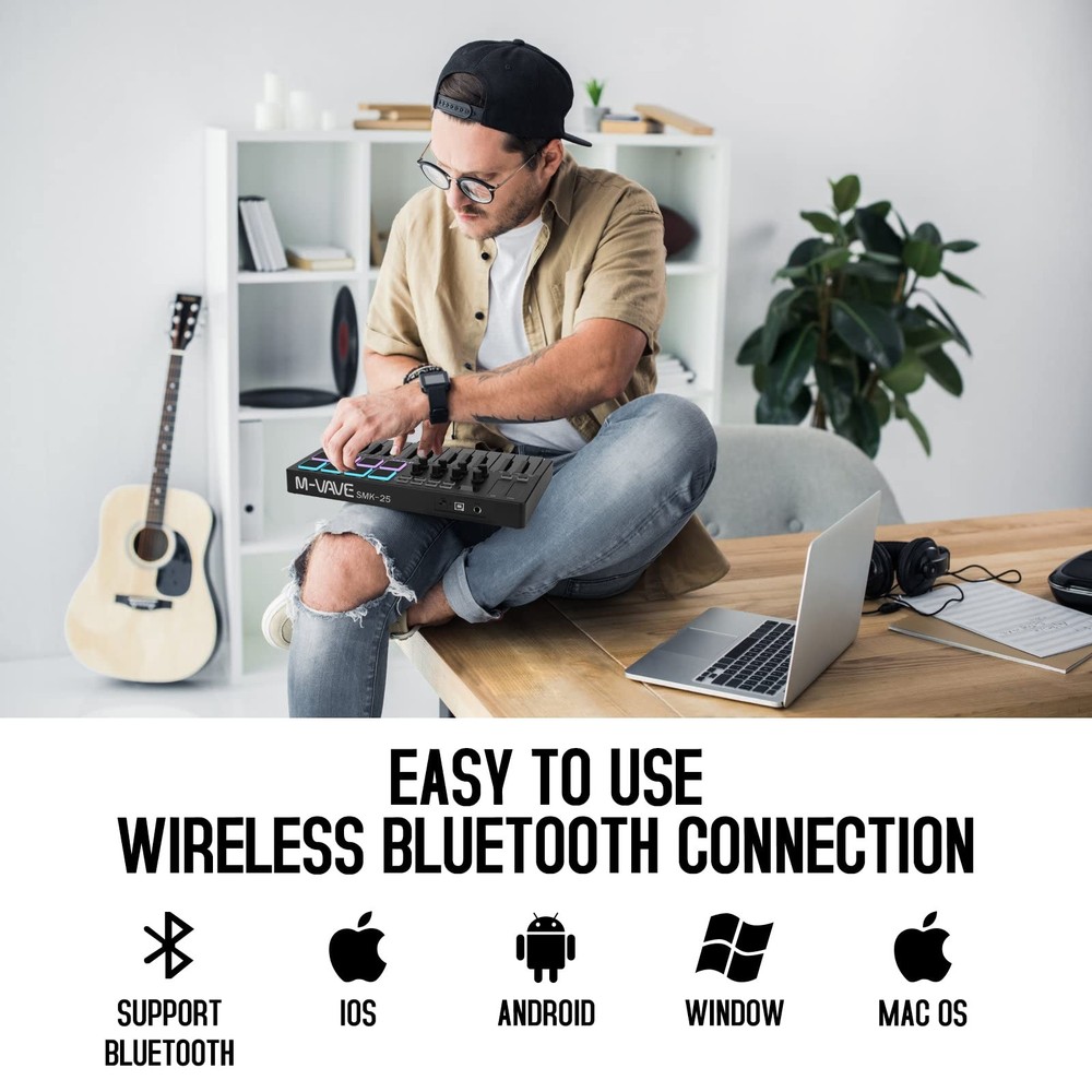 25 Key USB MIDI Keyboard Controller With 8 Backlit Drum Pads, Bluetooth Semi ...