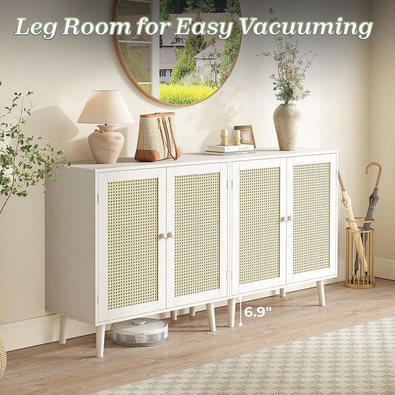 Walnut Rattan Cabinet Entryway Storage Sideboard Buffet Table Organizer New