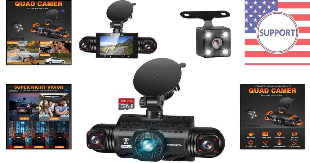 Comprehensive 4 Channel Dash Cam with 360° View & Control - 64GB SD Included