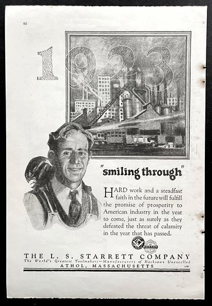 1923 Starrett Tools print AD “Smiling Through”