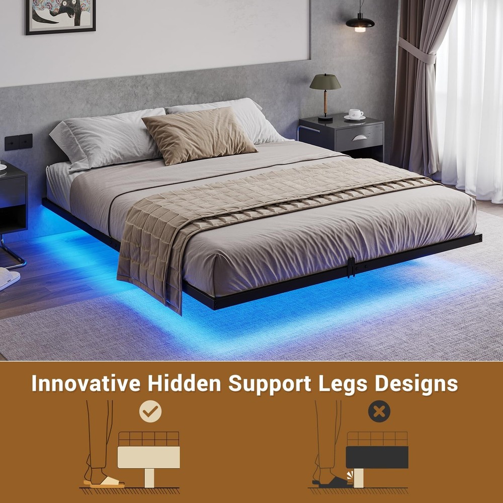 Floating Bed Frame Queen Size with LED Lights, Metal Platform Bed Frame, Black