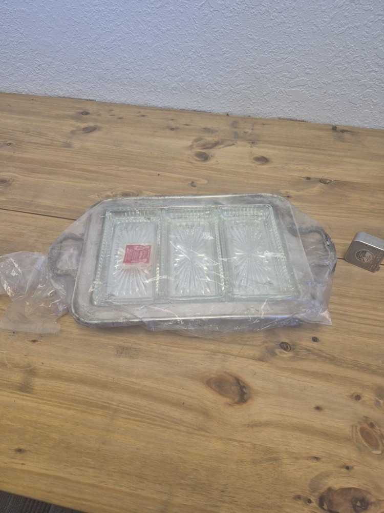 Vintage Silver Serving Tray With Glass Inserts