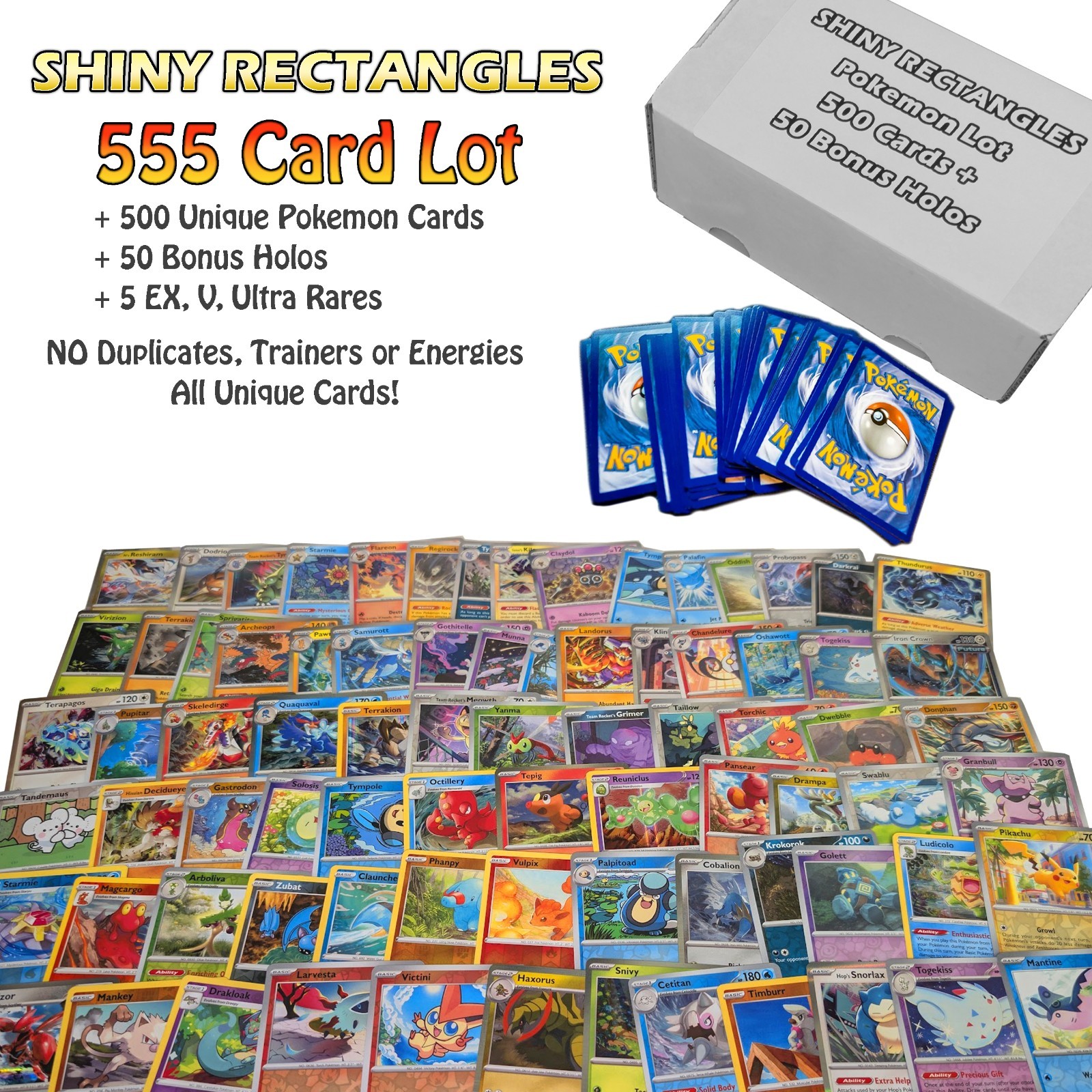 500 Pokemon Card Lot + 50 Holo, Rares, Reverse Foils EX V - Gift Box Collection