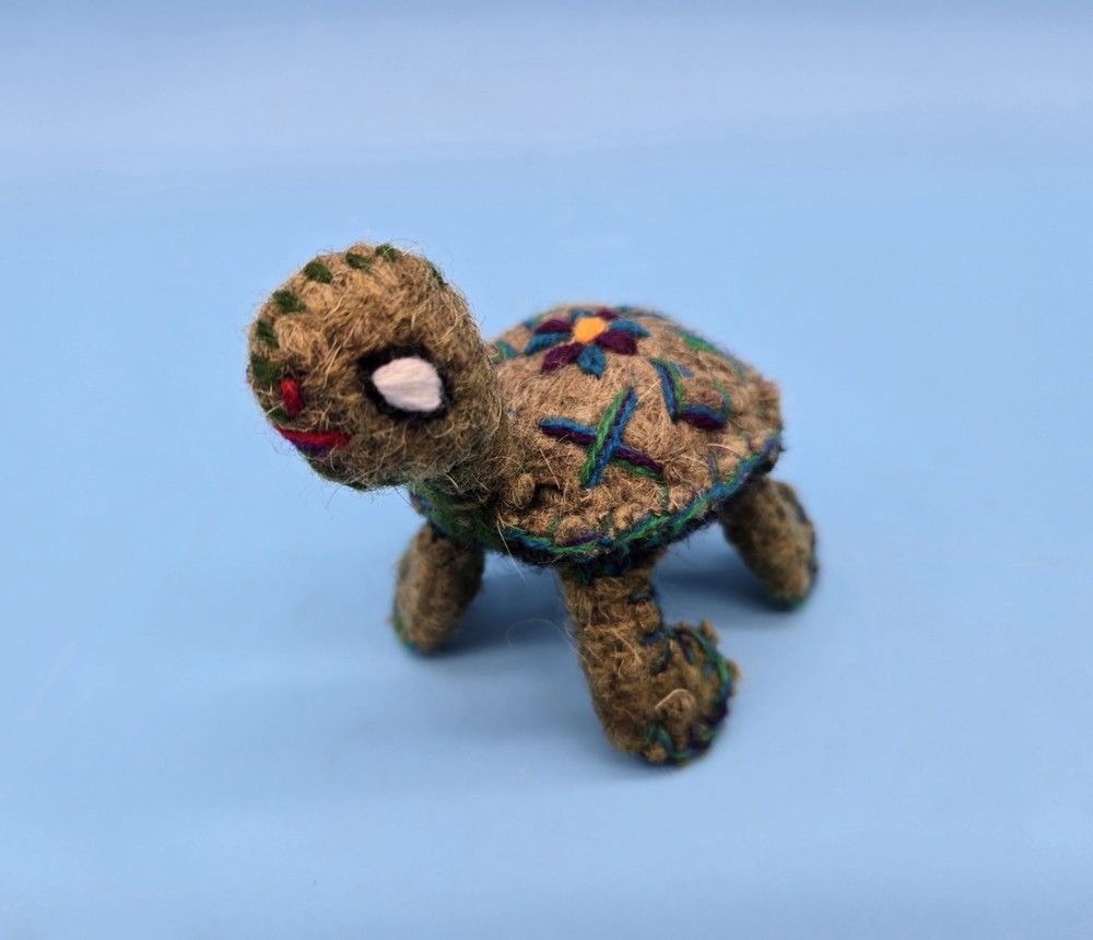 Tiny Felted Wool Turtle Figurine With Flower Handmade