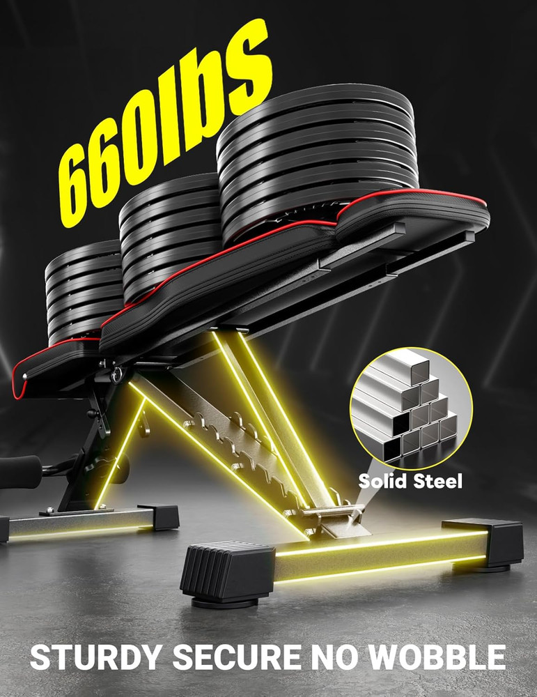 Adjustable Weight Bench, 660LB Foldable Workout Bench with Extended Head/Neck Su