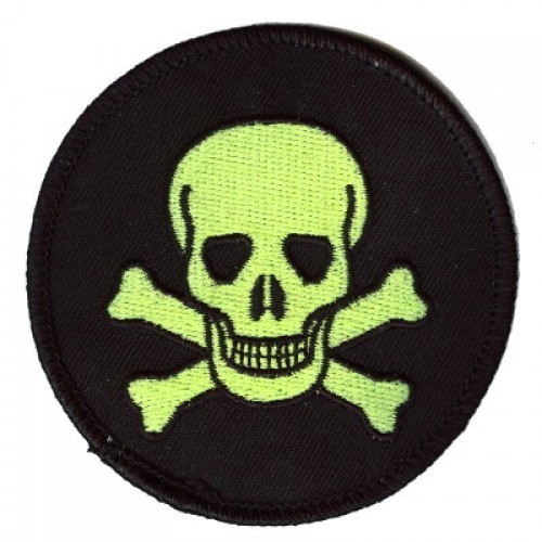 SKULL WITH CROSS BONES PATCH GREEN ON BLACK