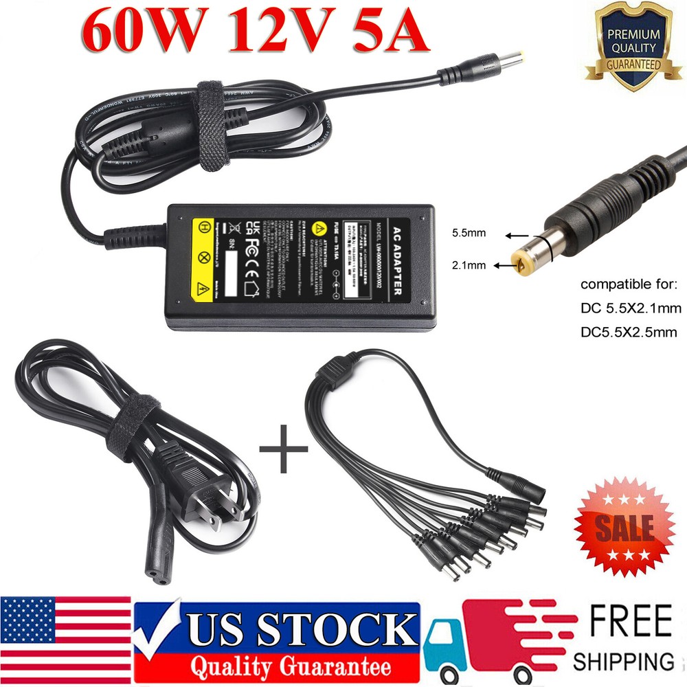 12V 5A Power Supply Adapter +8 Split Power Cable for CCTV Security Camera DVR