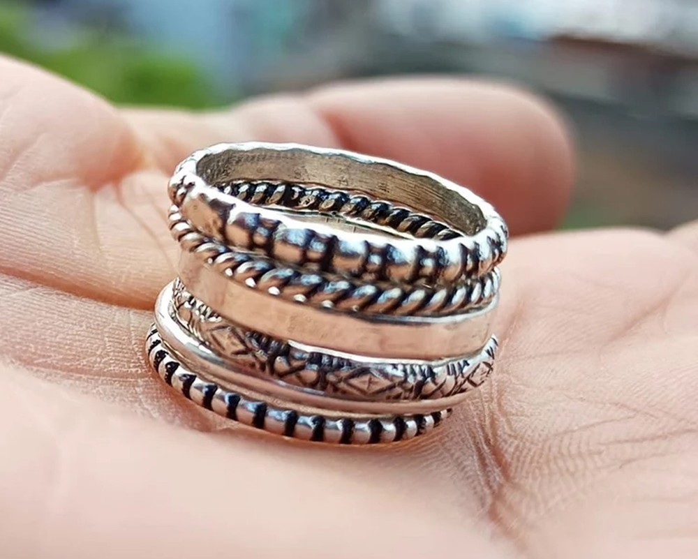 Solid 925 Sterling Silver Set 6pc Textured Knuckle Boho Stacking Band Women Ring