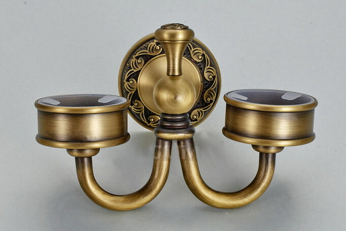 Bathroom Wall Mounted Antique Brass 2 Ceramic Cups Toothbrush Holder 2ba495