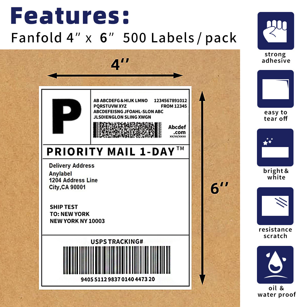 500 4"x6" Fanfold Direct Thermal Shipping Labels for Zebra and Rollo Printers