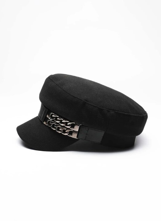 Black Women's Beret Hat w/ Chain Decorated Peaked Cap Newspaper Hat Vintage