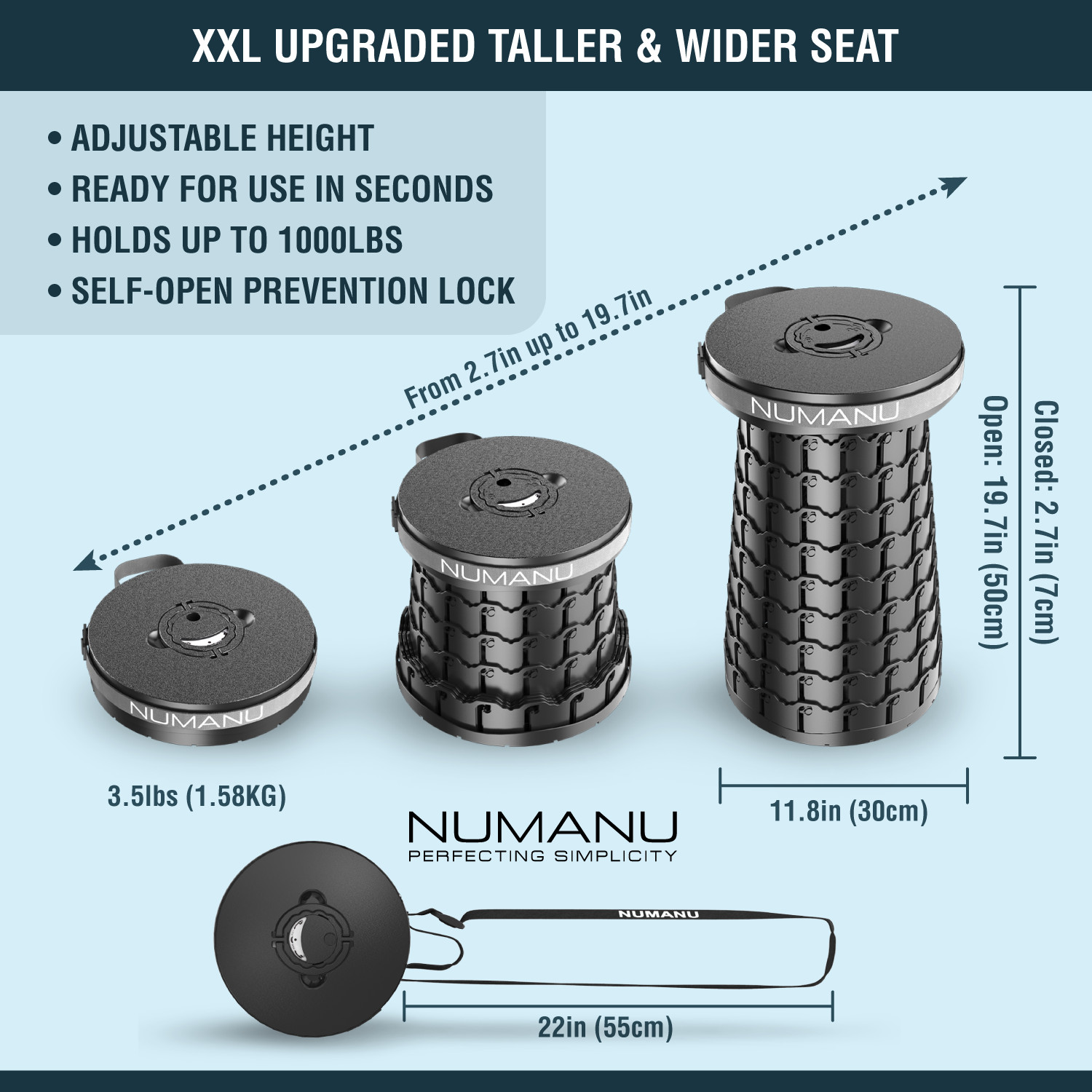 NUMANU 19.7" XXL Taller & Wider Collapsible Stool, Seat Cushion & Carry Bag
