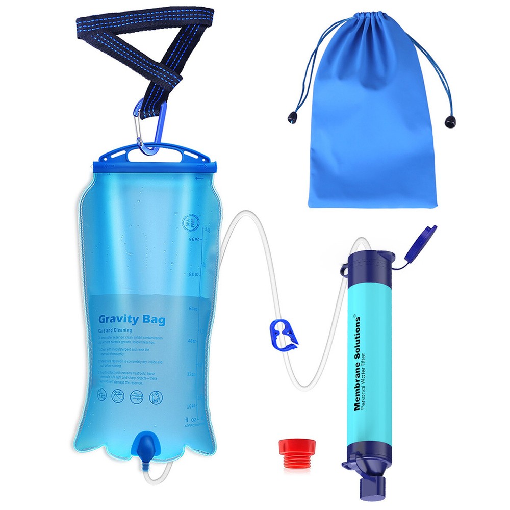 Gravity Water Filter Straw,Portable 3L Water Storage Bag, Adjustable Tree Strap