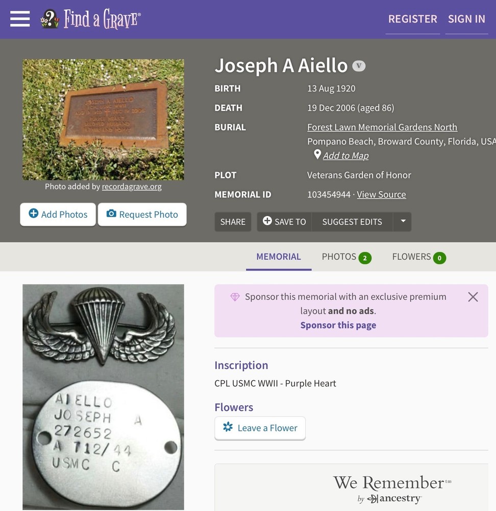 WW2 USMC Marine Dog Tag Paramarine 2nd Parachute Battalion