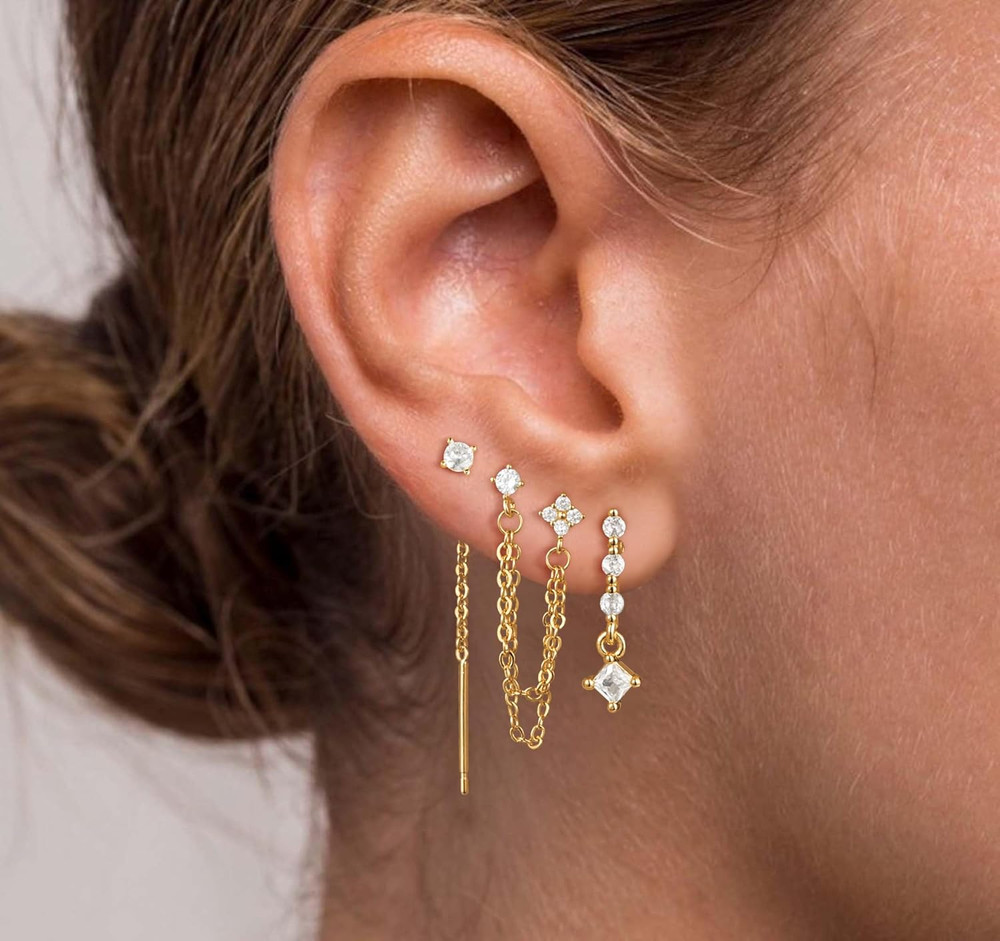 14K Gold Plated Dangle Earrings Set CZ Hoop Stud Stack