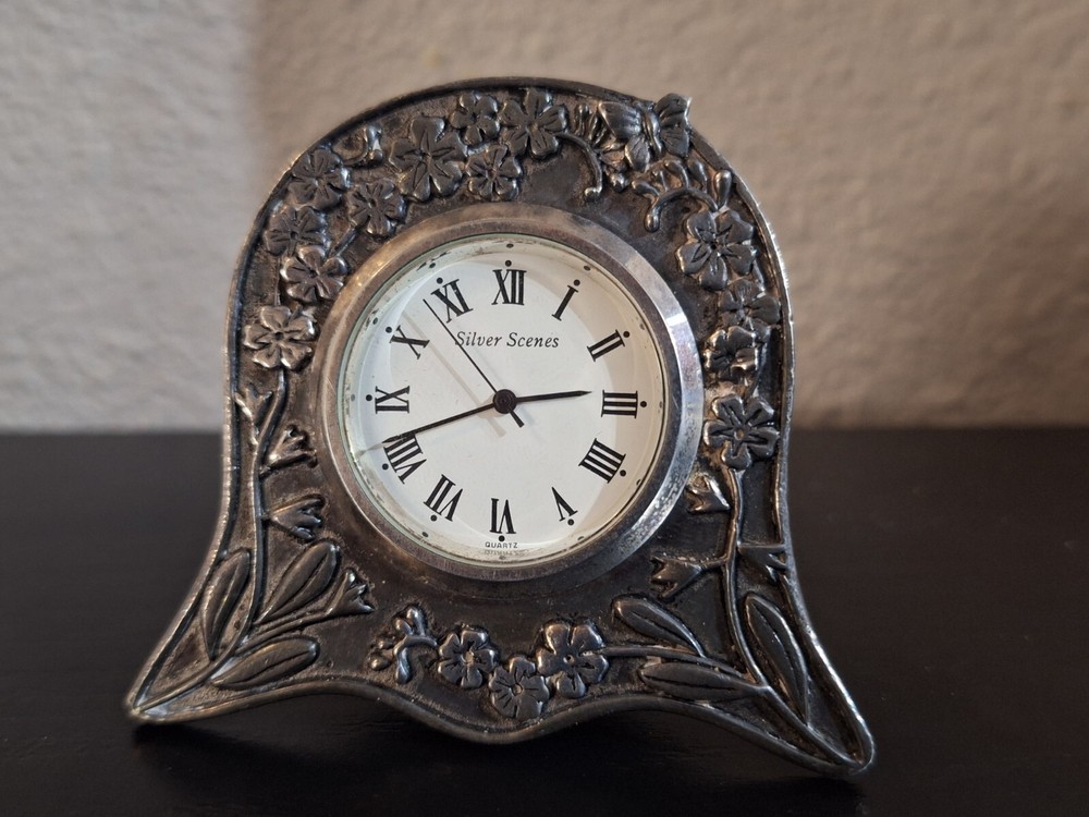 Silver Scenes Small Silver Plated Desk Clock, 2.25" Tall.