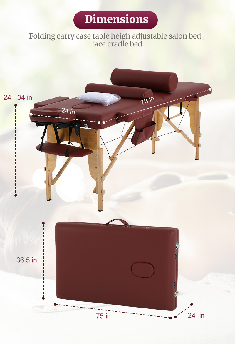 Massage Table Massage Spa Bed 73 inch Long Height Adjustable Portable 2 Folding