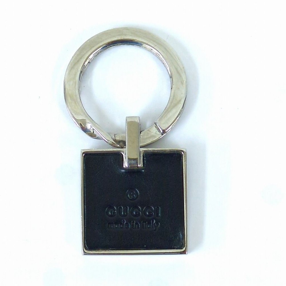 Authentic GUCCI Logo Plate Square Keyring Keychain Black Silver from japan