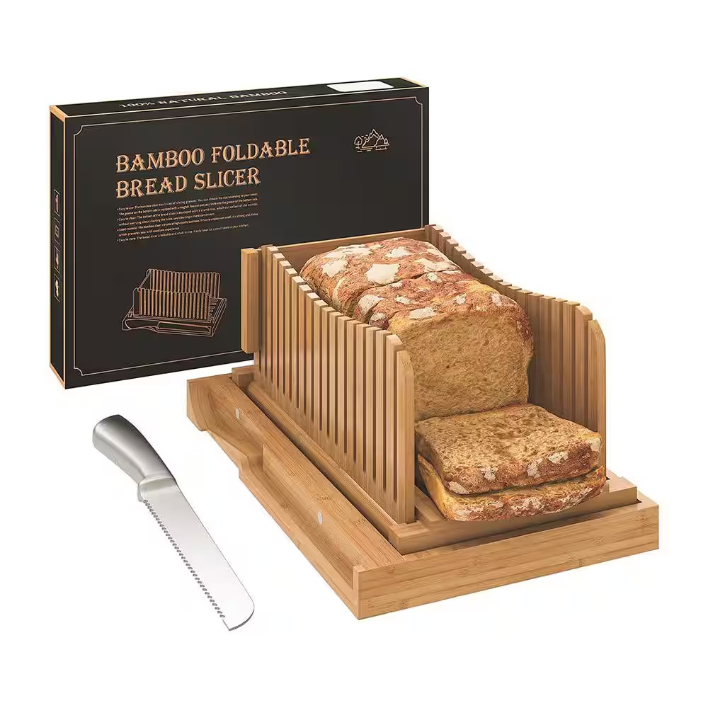 Adjustable Bamboo Bread Slicer Set with Serrated Knife, 3 Slice Thicknesses, Fol