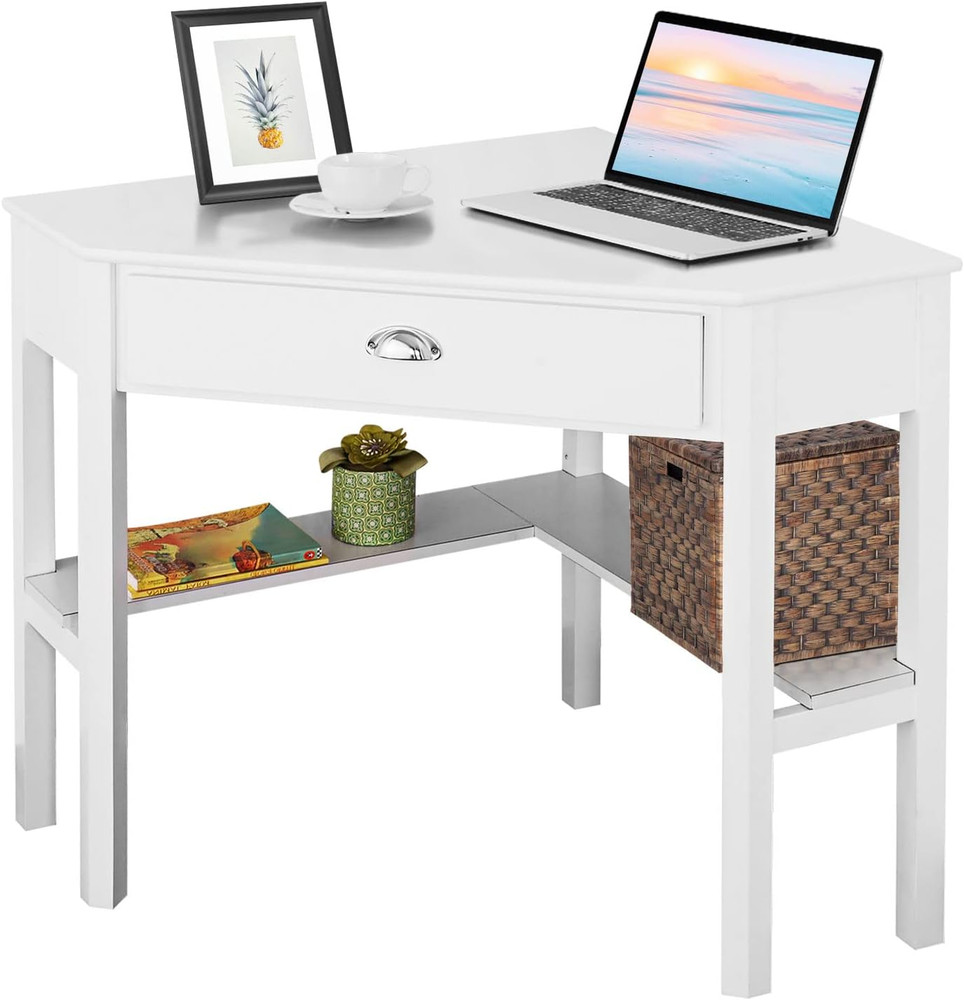 White Corner Desk, Triangle Corner Computer Desk for Small Space, Compact Writin