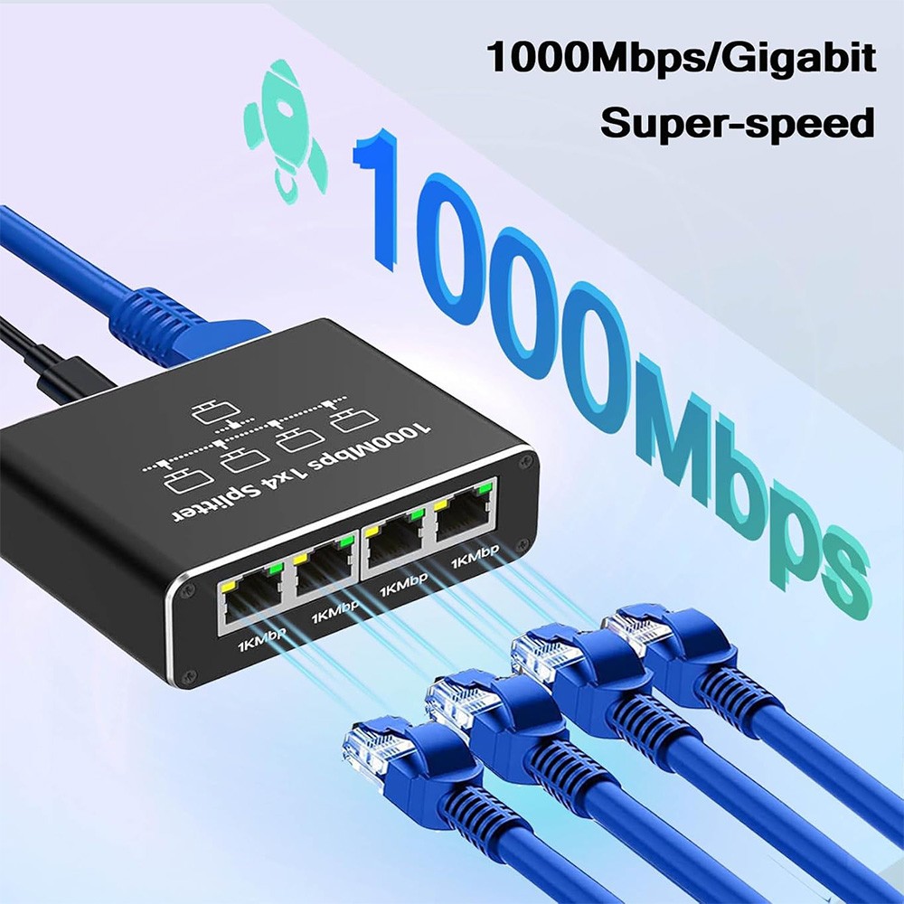 RJ45 Gigabit Ethernet Splitter 1000Mbps LAN Network Internet 1 to 4 Out Adapter