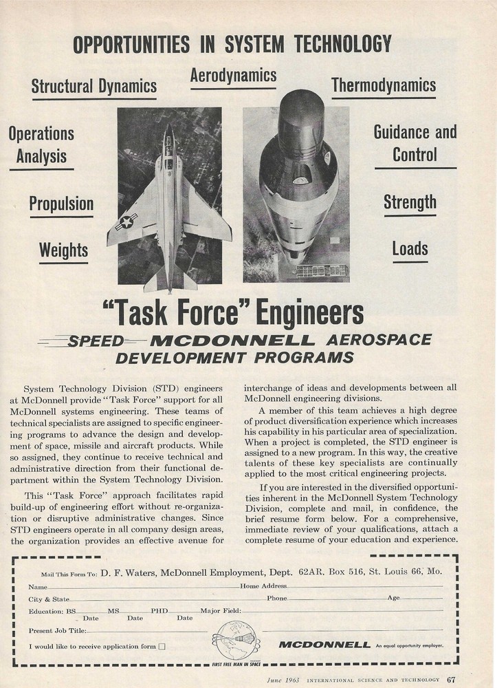 1963 McDonnell Aerospace Development Programs Print Ad Space Race Retro Tech