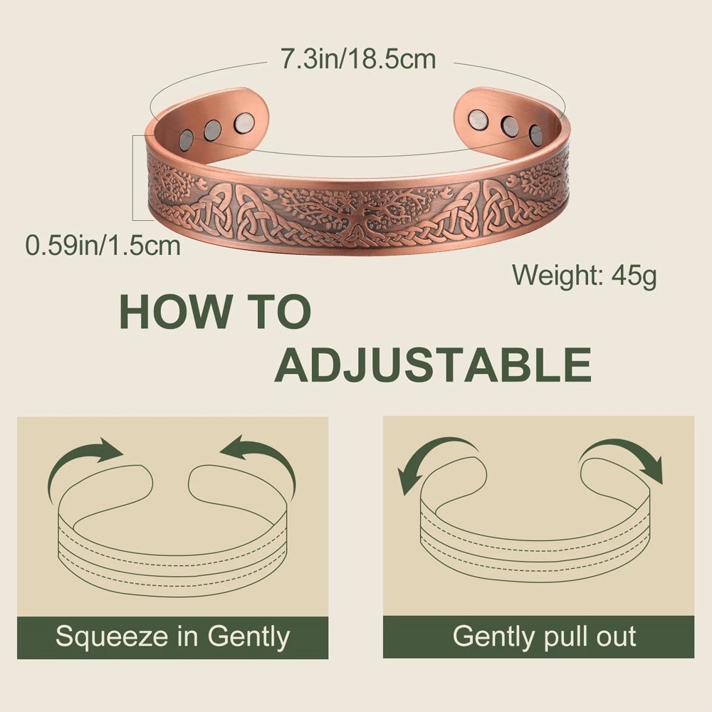 Men's Bracelet Magnetic Solid Pure Copper Bangle Tree Therapy Relief Arthritis