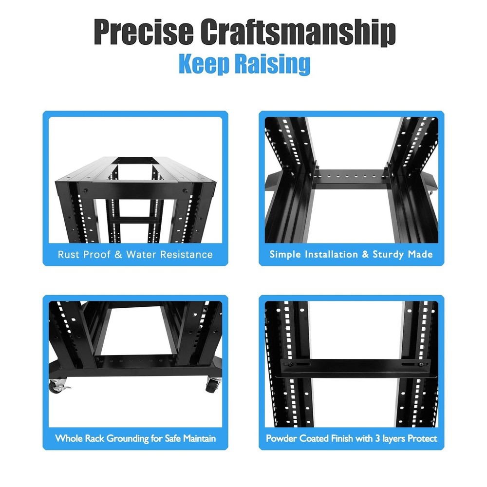 15U 4 Post Open Frame 19" Server Steel Rack 24" Deep With Supporting rails