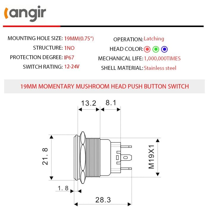 15Amp Push Button Switch，(0.75") 12V-24V Latching Push Button Switch 19mm Red