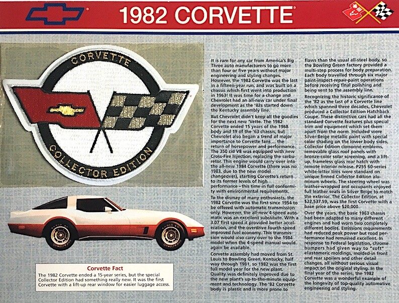 1982 CORVETTE Willabee & Ward OFFICIAL PATCH COLLECTION CARD ~ Collector Edition