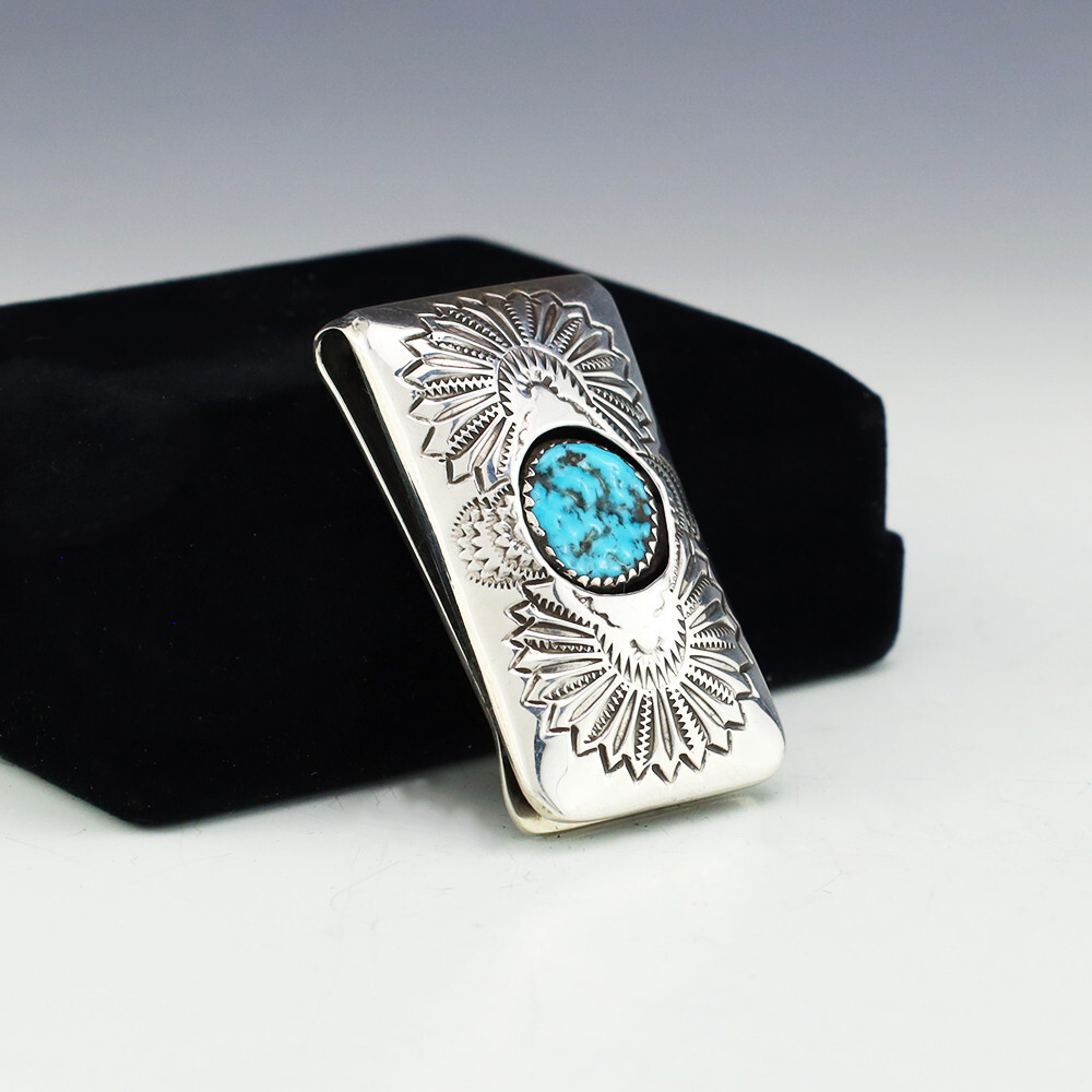 NATIVE AMERICAN NAVAJO STERLING SILVER & TURQUOISE MONEY CLIP BY SHIRLEY SKEETS