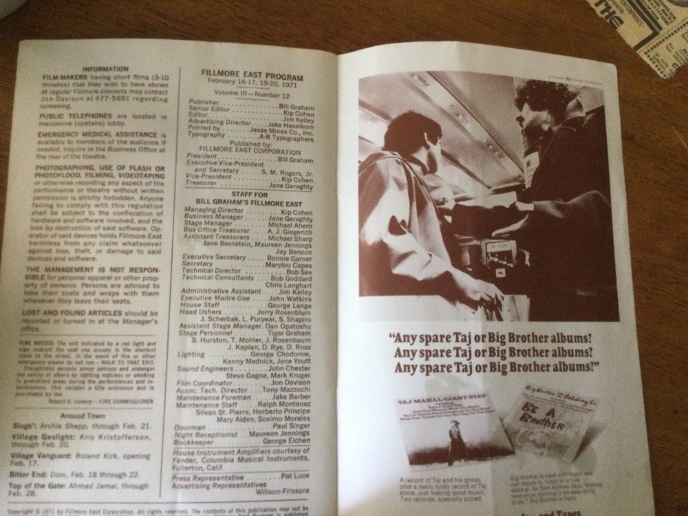 Fillmore East 1971 Program Final Shows B.B. KING Moby Grape JOHNNY WINTER
