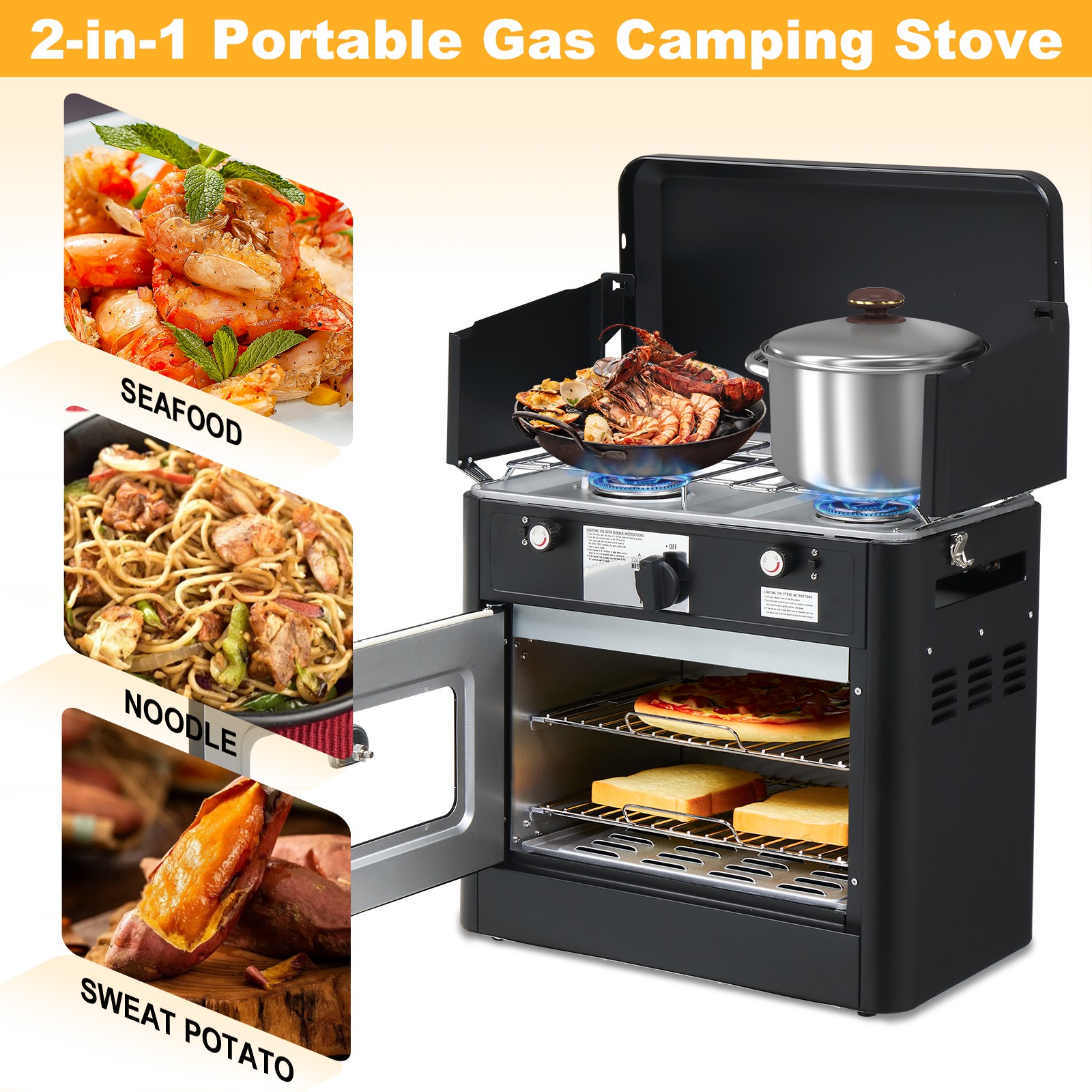 Outdoor Propane Oven Portable Camping Stove with Piezo Lgniter with Wind Panel