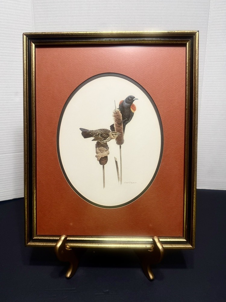 David Plank Red-Winged Blackbirds Matted Framed Dated & Signed Art Print