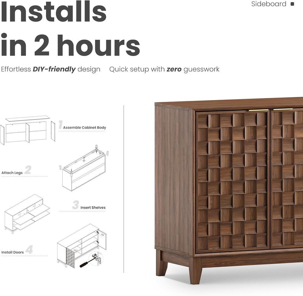 Fluted Sideboard Cabinet with Storage – Solid Wood Buffet for Dining Room, Crede