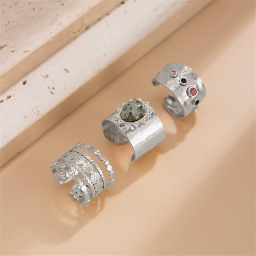 3Pcs Chunky Statement Ring Set for Women,Stackable Wide Band Rings Silver