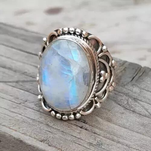 Rainbow Moonstone 925 Sterling Silver Handmade Statement Ring All Size R224