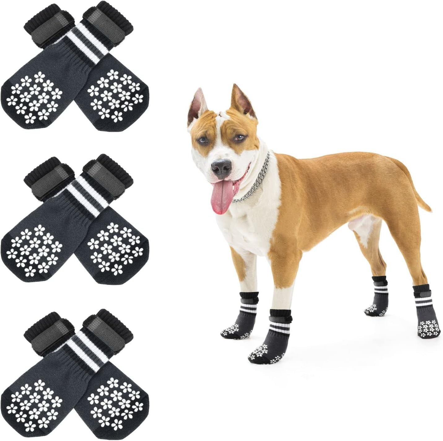 Double Side Anti-Slip Dog Socks 3 Pairs Dog Grip Socks with Adjustable Strap (M)