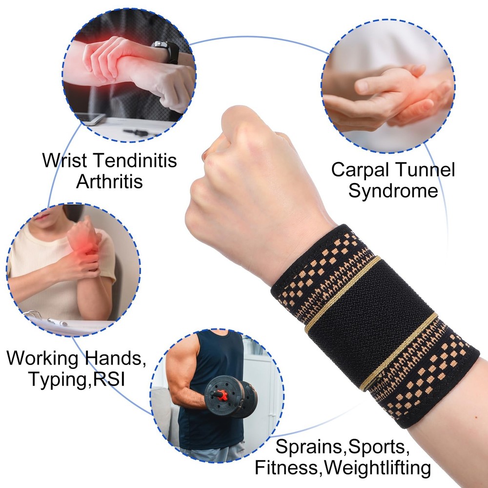 HJZHII 1 Pair Copper Wrist Compression Brace, Elastic Support Medium