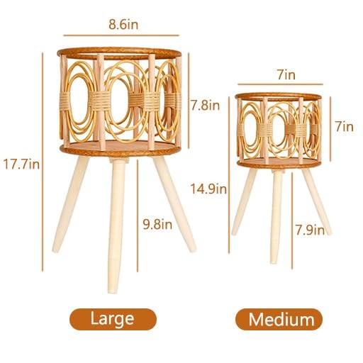 Boho Rattan Plant Stand Indoor Outdoor - 2 Rattan Wicker Planter Shelf for Mu...