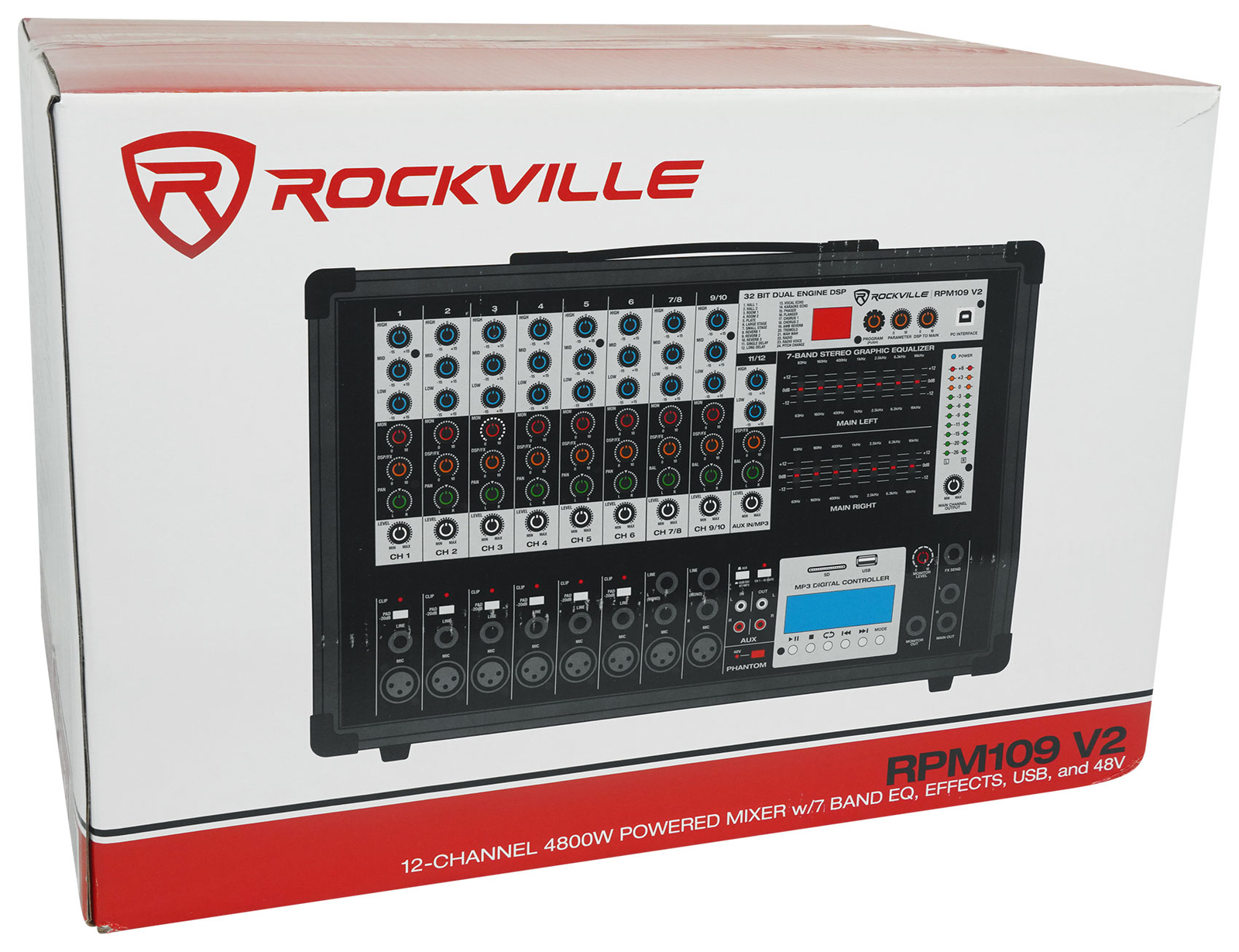 Rockville RPM109 V2 12 Channel 4800w Powered Mixer, 7 Band EQ, Effects, USB, 48V