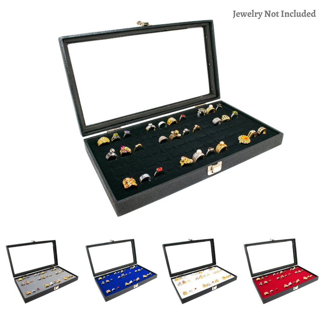 Novel Box Glass Top Black Jewelry Display Case With 36 or 72 Foam Ring Inserts
