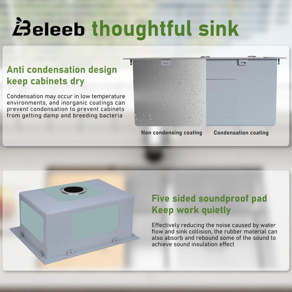 Beleeb Undermount Kitchen Sink 20"x16", 9" Basin Depth, 3D Embossed