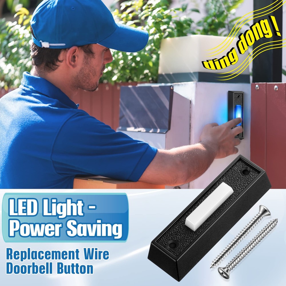 Lighted Doorbell Button Blue LED Wall Mount 2 Pack