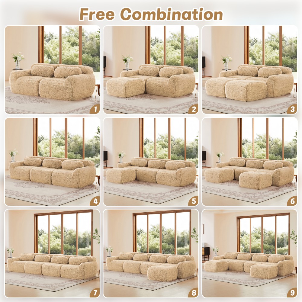 L-Shaped Plush Modular Sofa w/Ottoman, Light Khaki, No Assembly