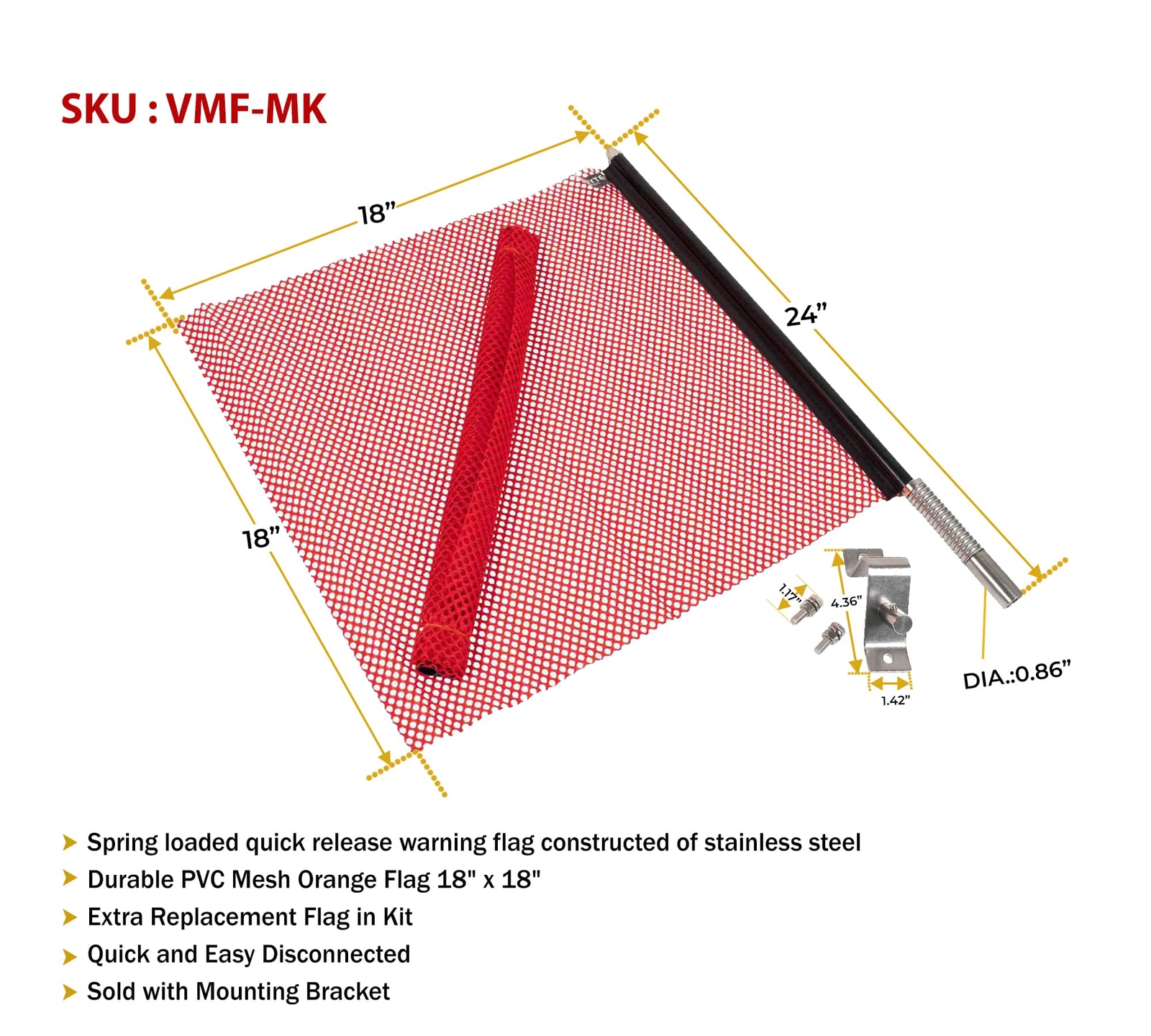 (4) EZ Mount Warning Flag Red 18" x 18" Spring Loaded Quick n Easy Disconnect