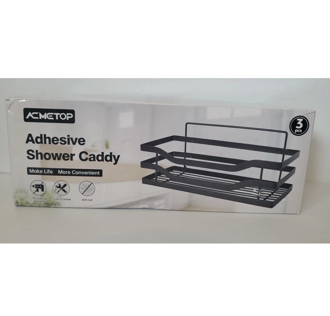 ACMETOP Adhesive Anti-Rust Metal Shower Organizer Set, Black, 3 pcs