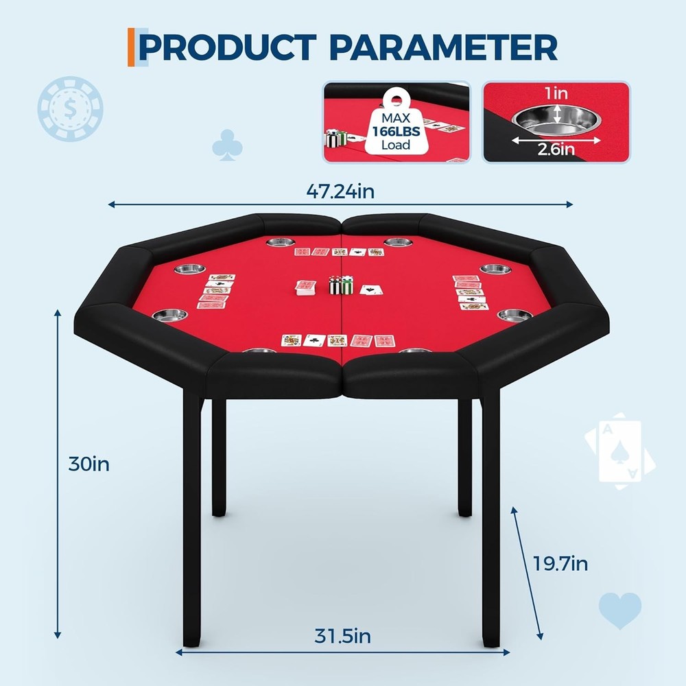 Complete 8-Player Poker Set: Foldable Octagon Table W/ Padded Rail & Cup Holder